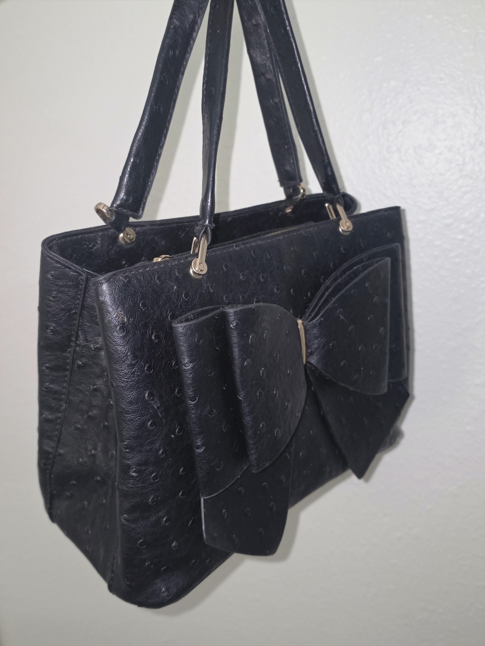 Crossi New York Black Ostrich Faux Leather Oversized Bow Satchel Tote Bag